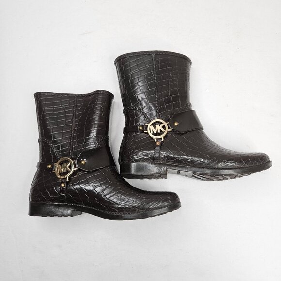Michael Kors Rain Booties Dark Brown Croc Embossed Equestrian Rubber Rainboot - Picture 6 of 13